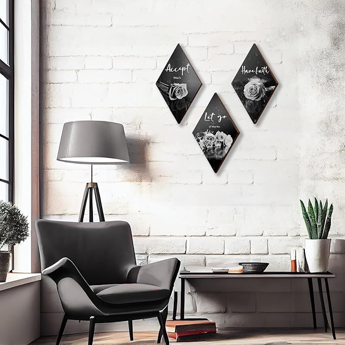 ZINYAZHE 3 Pcs Black White Rose Bathroom Wall Decor Black And White Decor Flower Wooden Inspirational Wall Art with Accept Let Go Have Faith Grey Sign for Living Room Bedroom(White Rose 12 x 7")