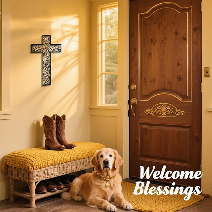 Black Metal Cross Wall Decor Iron Christian Cross for Home Church, Hollow Out Artistic Hanging Ornament, Crosses Wall Decor for Living Room, Bedroom, Decorative Thankful Religious Gift, 18.5x12.3 Inch