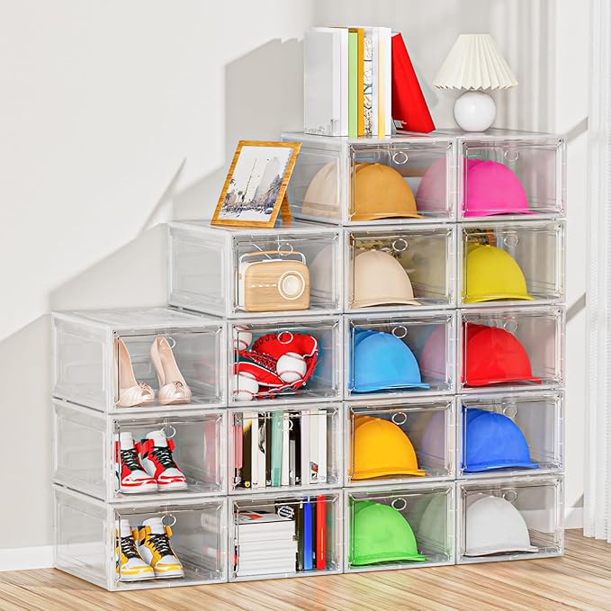YKLSLH Hat Organizer Box, 6 Boxes for 40 Pack Hats, Upgrade Harder Solid Plastic Hat Organizer for Baseball Caps, Clear Hat Storage with Magnetic Door, Hat Rack Holder Case, White