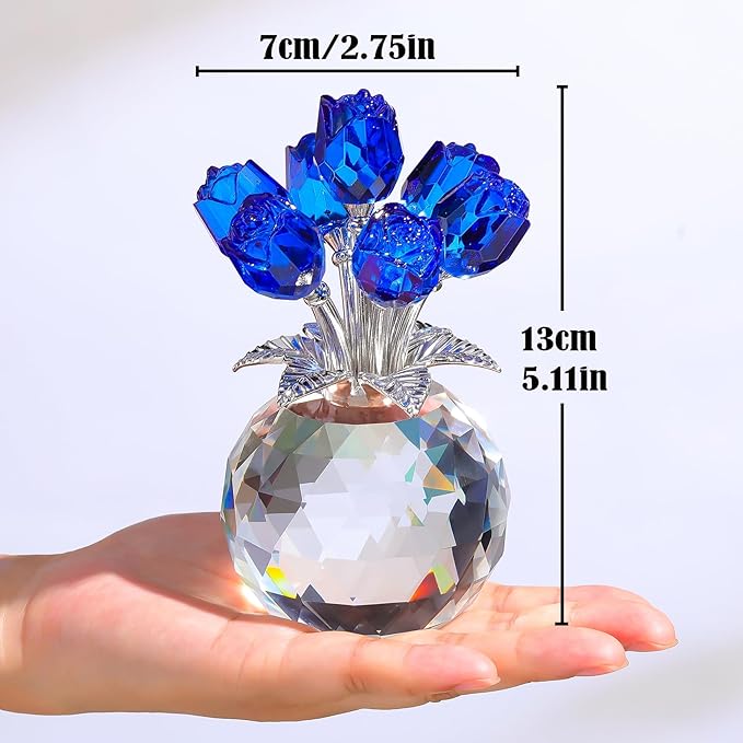 Arikyrist Crystal Blue Rose Bouquet Figurine with Round Vase, Glass Rose Flower Romantic Gifts for Women Sister on Birthday, Collectible Decoration Table Centerpiece for Home