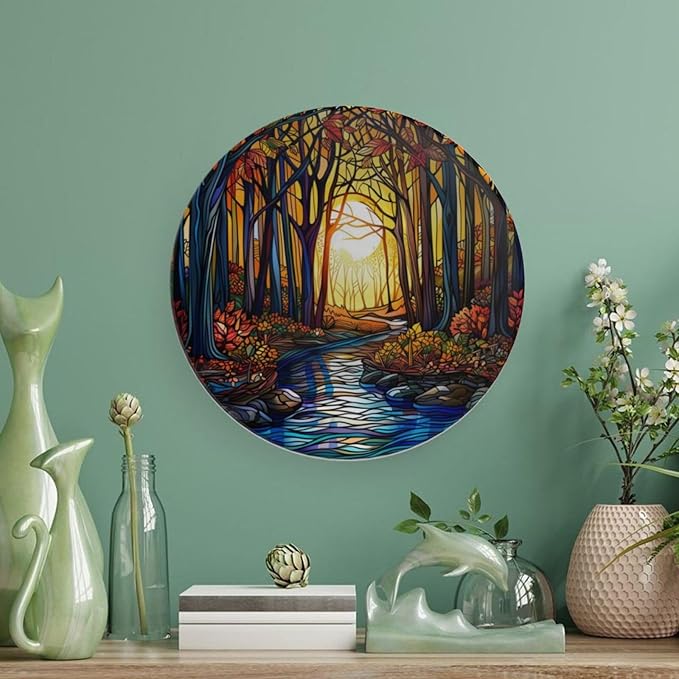 Stained Glass Theme Decorative Ceramic Plate Round Porcelain Plate,6 inch,Sunset Forest Stream Pattern,for Decorative Ornaments Giving Plates, 1 Plate with 1 Display Stand,Orange Blue