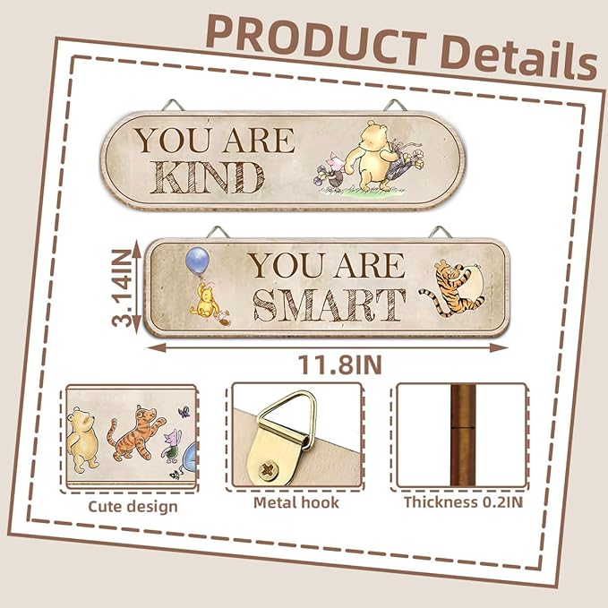 Hatzelou 4PCS Classic Winnie Baby Room Decor, Pooh Nursery Decor, the Pooh Wall Decor Sign Gifts, You Are Kind Brave Inspirational Quotes, Adorable Winnie Sign for Home Bedroom Nursery