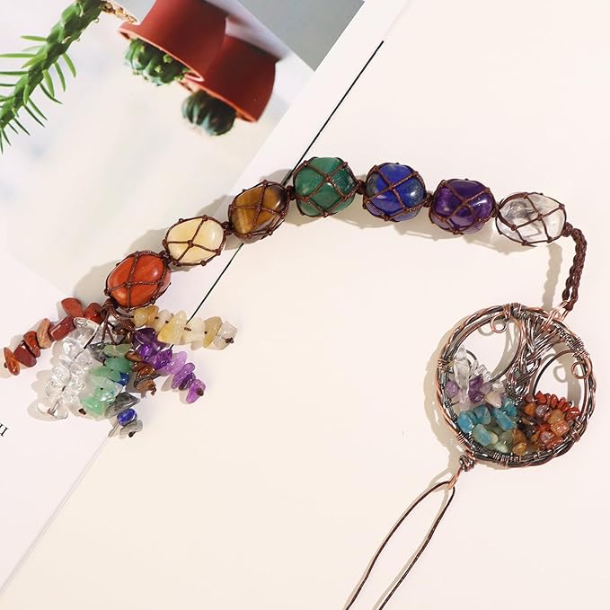 Handmade Crystal Window Car Hanging Ornaments 7 Chakra Home Decoration Feng Shui Ornament Yoga Meditation Car Decoration Tumbled Palm Stones (Style12)