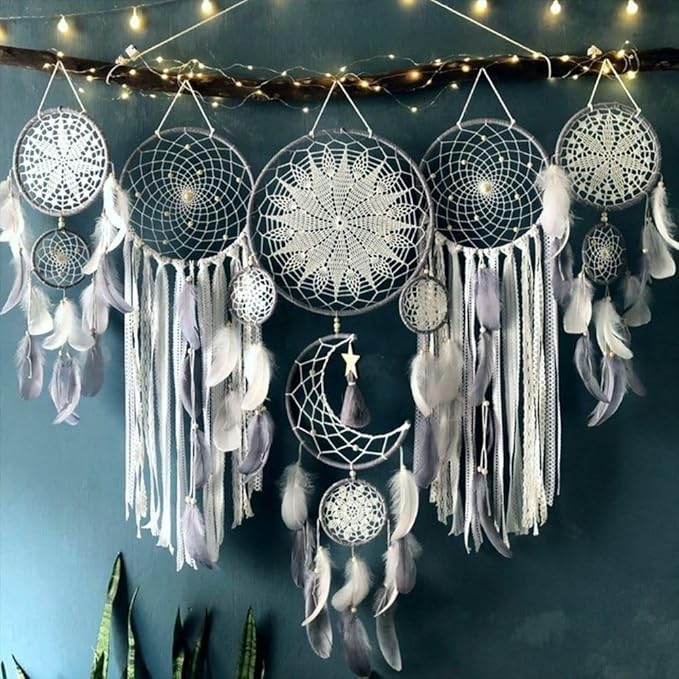 5 Pack Moon Phase Dreamcatcher Set Boho Wall Decor, Boho Macrame Wall Hanging Dream Catchers, for Home, Bedroom, Living Room, Witchy Gifts (Grey)