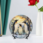 Decorative Plates, Penguins Family Snowy Forest Stained Glass Painting Ceramic Dinner Plate w/Display Stand, Wall Hanging Decor for Kitchen Household 7 Inch, Gifts for Penguin Lovers
