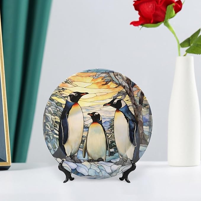 Decorative Plates, Penguins Family Snowy Forest Stained Glass Painting Ceramic Dinner Plate w/Display Stand, Wall Hanging Decor for Kitchen Household 7 Inch, Gifts for Penguin Lovers