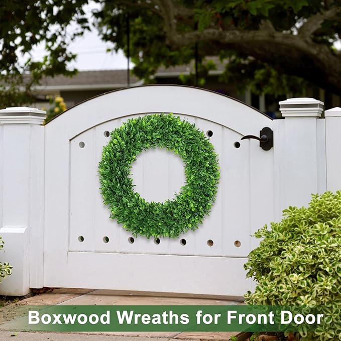 26Inch Boxwood Wreaths for Front Door，Summer Wreaths for Front Door Outside Realistic，Front Door Wreath Outside All Season，Artificial Green Wreath for Farmhouse Porch Wall Wedding Room Home Decor