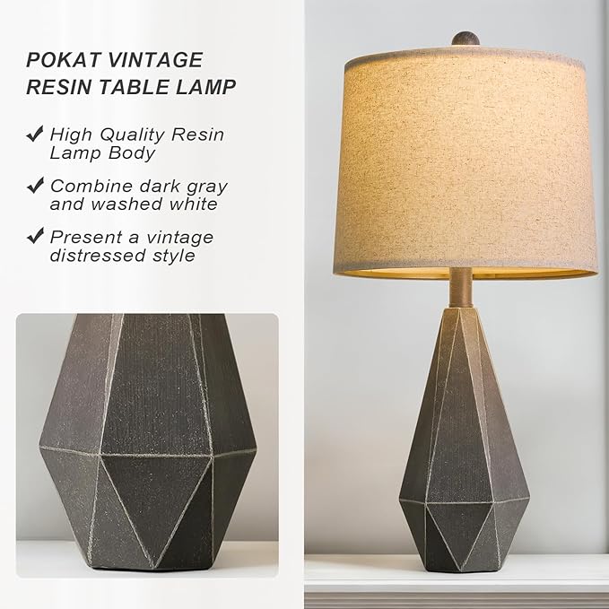 PoKat 23.5'' Farmhouse Table Lamps Set of 2, Rustic Nightstand Lamps for Bedroom, Classic Bedside Lamps for Living Room Office Sideboard with Linen Shade Distressed (Deep Grey)