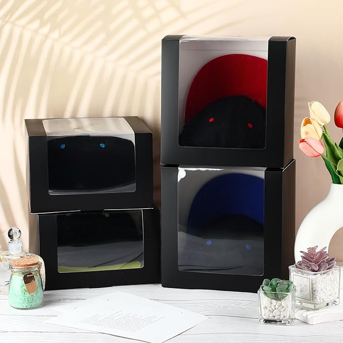 20 Pcs Hat Boxes for Men Black Gift Boxes with Window Display Box for Hat Storage Container for Baseball Caps, Dad Hat, Billed Cap, Snapbacks, Paper Fold Box Packing Box 8.1 x 8.1 x 5.1