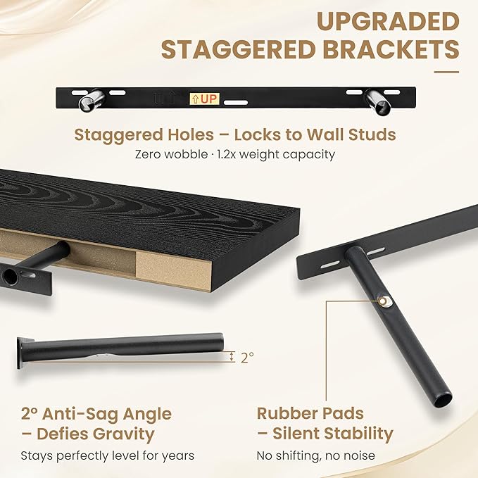 FLYJOE 24 Inch Long Floating Shelves for Wall Set of 2, 12" D Wood Grain Bathroom Shelves with Invisible Brackets, Easy Install Engineered Wood Storage Shelves for Kitchen, Living Room, Bedroom