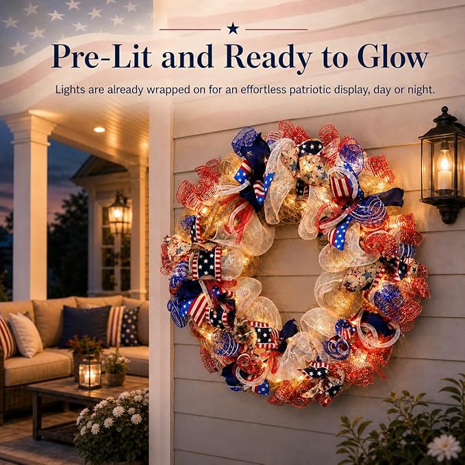 250th Anniversary Patriotic Wreaths for Front Door, 28 Inch Extra Large 4th of July Wreath, Pre-Lit Layered Ribbon Design, Red White and Blue Memorial Day Decorations with Storage Bag