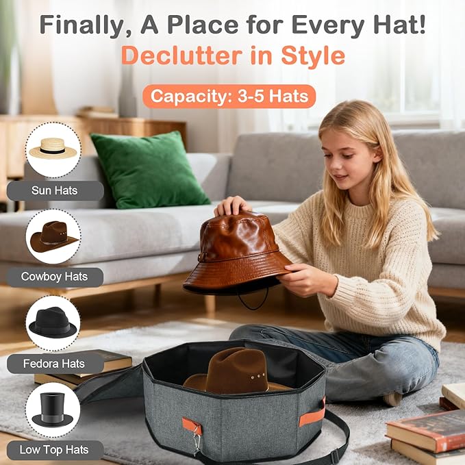 4 Pack Hat Storage Boxes, with Hardboard Support, Cowboy Hat Box for Travel & Home Organization, with 4 Door Hooks for Women & Men(Grey)