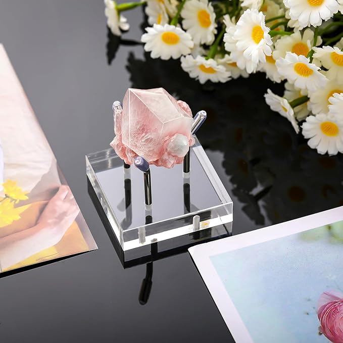 Weysat 4 Pack Clear Acrylic Display Stand, Metal 3 Peg Rock Display Easel Stands for Fossil Coral Crystal Geodes Rock Mineral Agate Small Collectibles Acrylic Holder(2”x2”x2”,Silver)