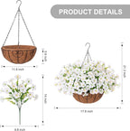 INSPRING Artificial Faux Hanging Flowers Basket for Outdoors Spring Fake Plants, UV Resistant White Silk Morning Glory in Planter Realistic Petunia Flowers for Outside Patio Porch Garden Home Decor