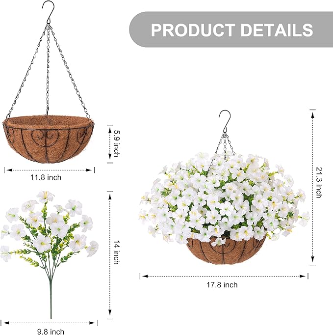INSPRING Artificial Faux Hanging Flowers Basket for Outdoors Spring Fake Plants, UV Resistant White Silk Morning Glory in Planter Realistic Petunia Flowers for Outside Patio Porch Garden Home Decor