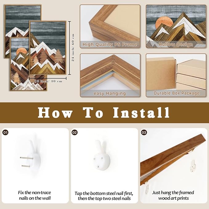 BINCUE Rustic Mountain Canvas Wall Pictures Framed Mountain Wall Art Nature Landscape Artwork Boho Mountain Wall Decor Farmhouse Paintings Rustic Landscape Art Prints for Office Living Room Bedroom 16x24 Inches Set of 3