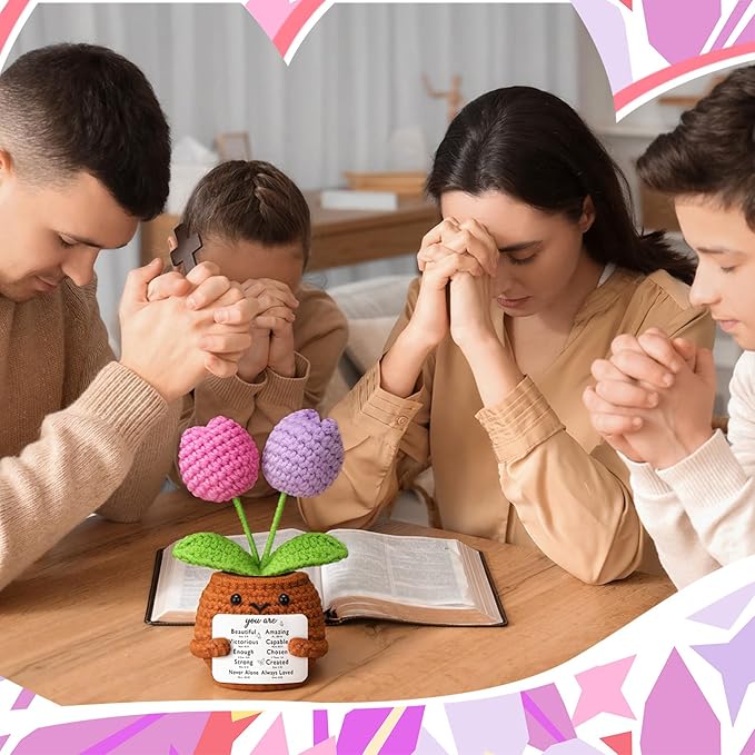 Wavwavw Christian Gift for Women Positive Handmade Crochet Tulips Doll with Bible Verse Prayer Card Inspirational Scripture Religious Crochet for Christmas Sunday Group Church