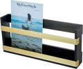 MyGift Black Solid Wood and Brass Metal Magazine Display Rack, Wall Mountable Double Wide Book Holder or Standing Organizer