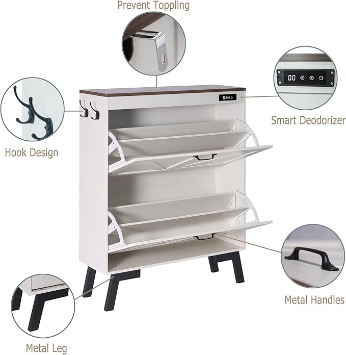 TaoHFE Farmhouse Small Shoe Cabinet Storage for Entryway,Deodorizing Shoe Organizer Cabinet Storage with 2 Flip Drawers,White flip Drawer Shoe Cabinet Hidden Cabinet Foyer,Hallway