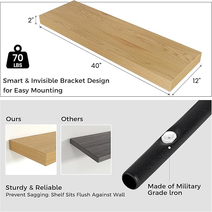 Venusmiles Floating Shelves for Wall, 40" W x 12" D x 2" H, 2 Pack of Long Wall Mounted Engineered Wood Shelves with Invisible Brackets for Living Room, Bedroom, Bathroom, Kitchen Decor, Oak