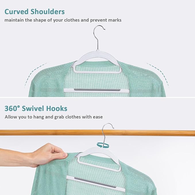 Pack of 30 Clothes Hangers, Space Saving Plastic Hangers, Non-Slip, 0.2 Inches Slim, 360° Swivel Silver Hook for Shirts, Pants & Wet/Dry Garments, White and Dark Gray