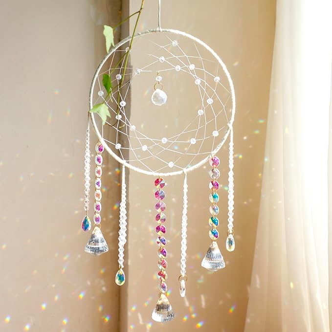 Artilady Dream Catchers with Crystals - Large White Boho Moon Dream Catcher Wall Decor House Decorations for Home Girls Kids Baby Bedroom Room Decor Christmas Birthday Teen Girl Boys Gifts
