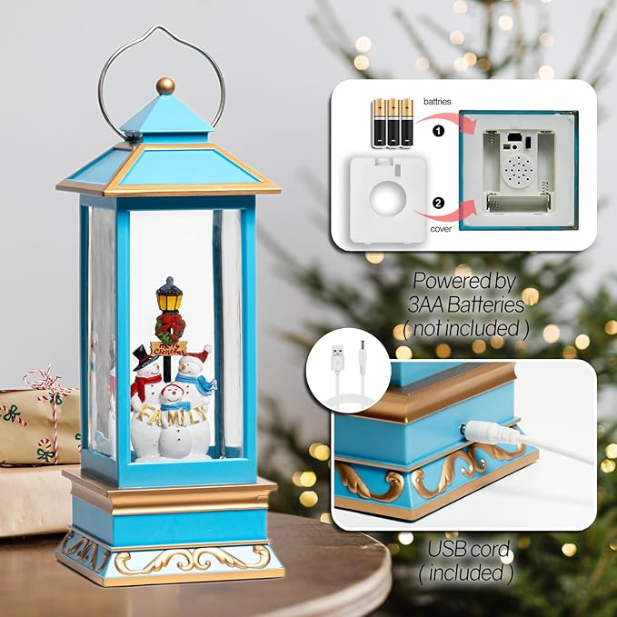 12" Christmas Snow Globe Lantern with Snowman - Water Swirling Glitter LED Light Lantern with Music - Vintage Xmas Gifts - USB Plug or Battery Operated Home Decor (Snowman family)