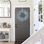 GTIDEA Summer Wreaths for Front Door, 24 Inch Blue Floral Wreath with Grapevine Base, Silk Forsythia Flowers Wreath for Everyday Farmhouse Door Decor Porch Wall Window Indoor Outdoor