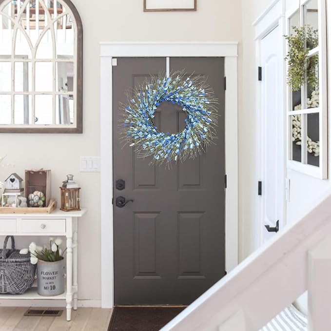 GTIDEA Summer Wreaths for Front Door, 24 Inch Blue Floral Wreath with Grapevine Base, Silk Forsythia Flowers Wreath for Everyday Farmhouse Door Decor Porch Wall Window Indoor Outdoor