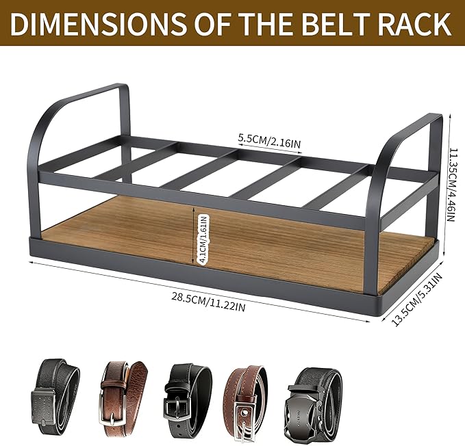 Belt Organizer - Belt Storage for Closet Drawer Dresser Wood Belt Rack Display, 5 Compartments, Gift for Man