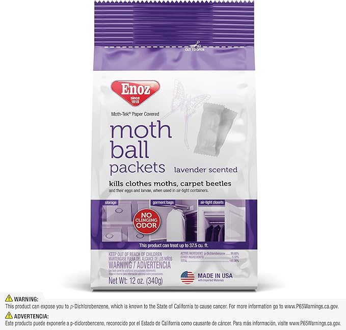 Enoz Moth-Tek Packets, Kills Clothes Moths and Carpet Beetles, Resealable Bag, Single Use Packets, Lavender Scent, 12 oz, Pack of 6
