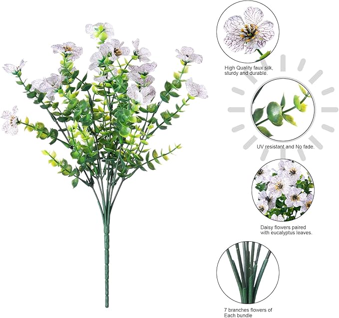 Artificial Flowers for Outdoors Daisy 12 Bundles for Home Decoration, Faux Flower Fake Plants Outside Decoration with Eucalyptus UV Resistant for Planter Porch Patio Yard Garden White