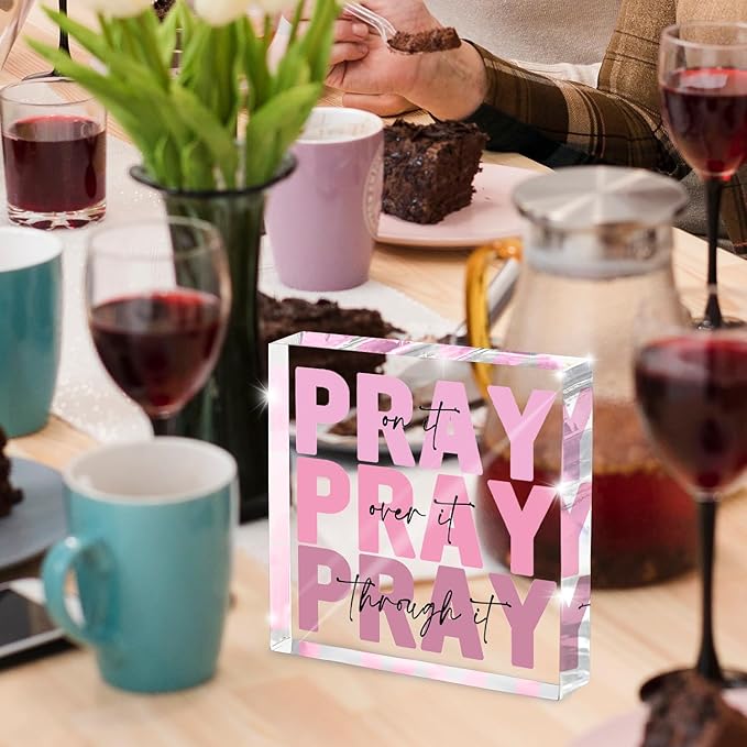 Ideal Christian Gifts for Women - Pray On It,Pray Over It - Bible Verse Desk Art,Pink Inspirational Decor, Pink Dorm Room Decor for Women, Measuring 4 x 4 inches with Gift Box and a Ribbon