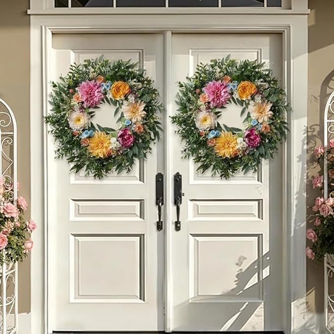 Somikis 24 Inch Front Door Wreath, Large Artificial Flowers Wreath with Silk Peony Dahlia Eucalyptus, Realistic Greenery Welcome Floral Wreath Decor All Year Round for Inside Outside Wall Entryway
