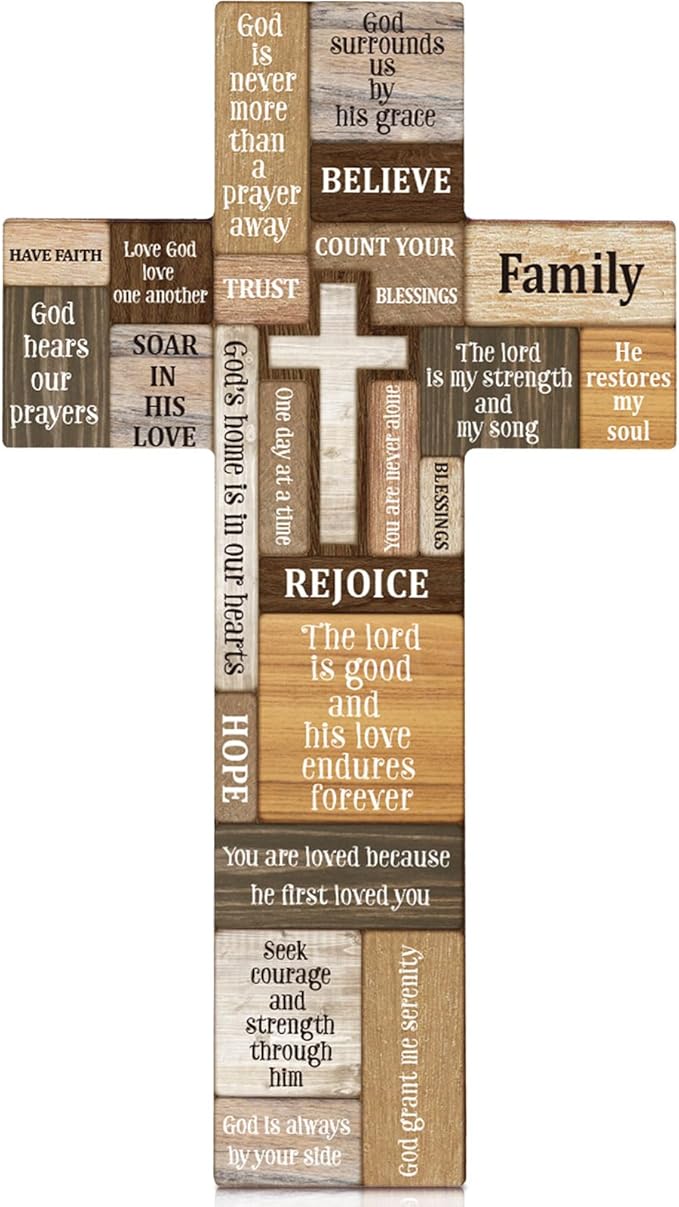 Jetec Cross Wall Decor Christian Wooden Cross Easter Religious Faith Biblical Verse Wall or Table Sign for Easter First Communion Gift Farmhouse Home Hanging Decoration(15 x 8.5 Inch)
