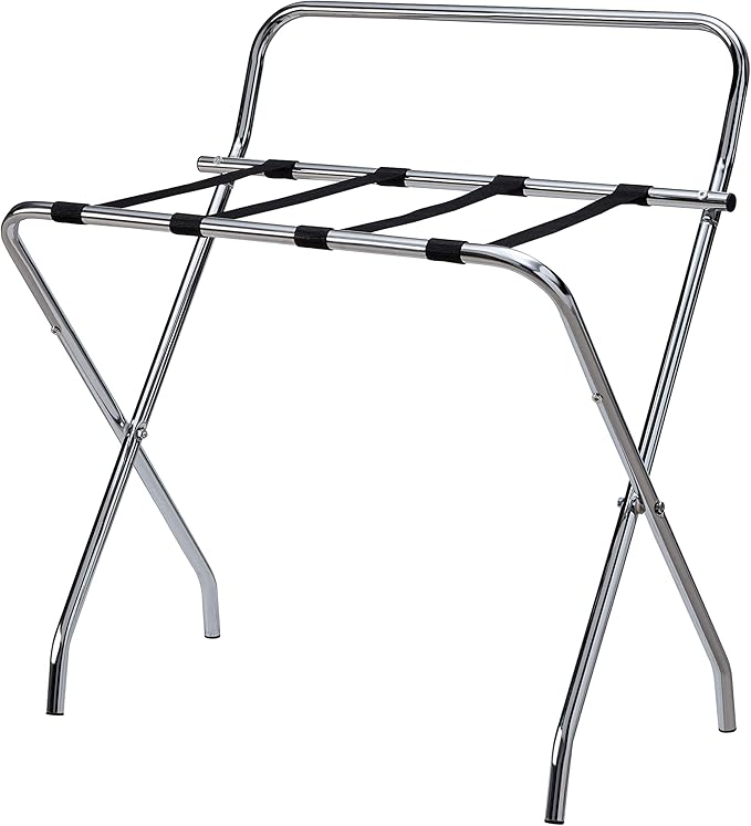Kings Brand Furniture - Metal Foldable Luggage Rack, Suitcase Stand with Back, Perfect for Guest Room, Bedroom Hotel, Chrome/Black