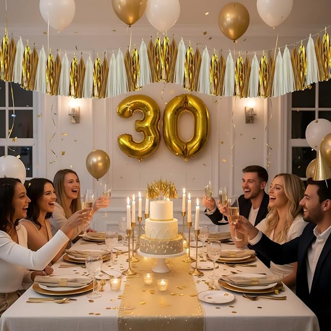 15Pcs White Gold Paper Tassel Garland,Gold Cream Khaki Tissue Tassel Banner for Baby Shower Wedding Engagement Birthday Party Decorations