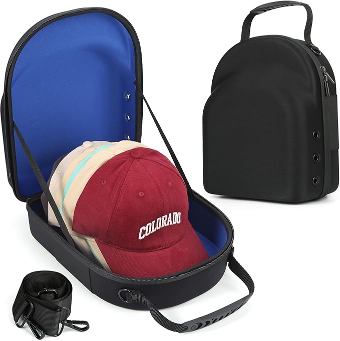 Hard baseball hat case, Hat Carrier Travel Case with Adjustable Shoulder Strap, Hat cap case for 6 Baseball Caps - Perfect for Traveling & At-Home Storage (Black with Blue)