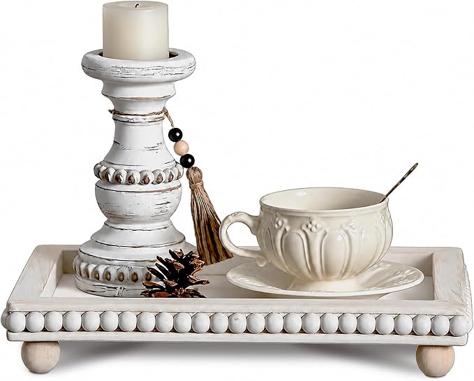 Decorative Coffee Table Tray, 13.5 x 9.7 Inch White Washed Wooden Beaded Tray with Removable Legs, Rustic Farmhouse Rectangular Tray for Coffee Table, Kitchen Counter and Vanity Decor