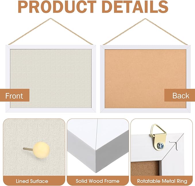 Teling 9 Pack Wood Bulletin Boards with Linen 12''x 16'' Cork Board for Walls with 90 Pushpin Decorative Wood Framed Display for School Office Home Decor (White)