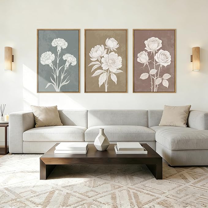 BINCUE Extra Large Neutral Botanical Wall Art Floral Painting Flower Print Flower Artwork Floral Wall Decor Flowers Wall Pictures for Living Room Bedroom Bathroom Dining Room Farmhouse 24x36 Inches 3 Piece Gift