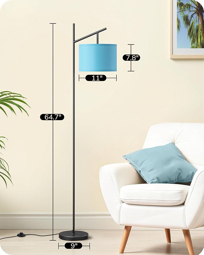 EDISHINE Modern Floor Lamps for Living Room, 64.7" Minimalist Standing Lamp with 3 Color Temperatures Bulb & Adjustable Linen Shade, Foot Pedal Switch, Arc Tall Lamp for Office Bedroom, Blue Shade