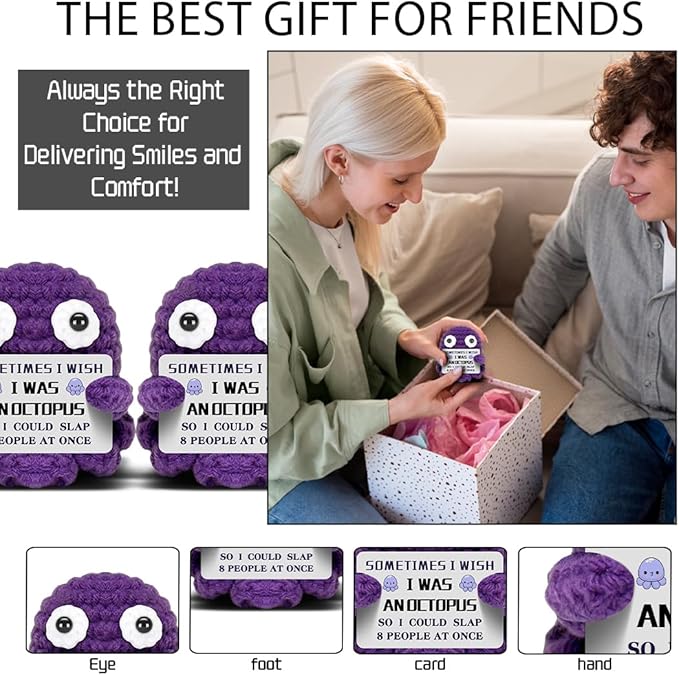 Mini Octopus Emotional Support Crochet with Funny Card, Birthday Gifts for Friends Besties Colleague Purple Octopus Home Office Desk Decor