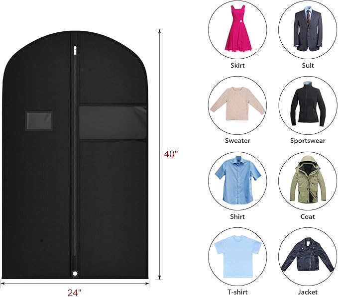 Univivi Garment Bags Suit Covers for Storage, 40-inch Hanging Clothing Bags with Clear Window and ID Card Holder for Suits, Jackets, Skirts (5 Pack)