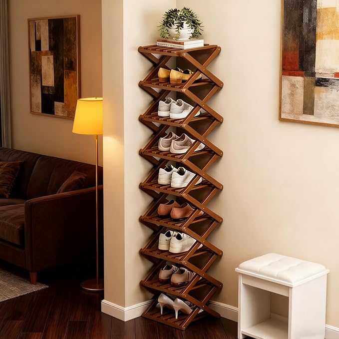 The 9-Tier No-Assembly Bamboo Rack, 2026 Upgraded Foldable Bamboo Shoe Rack, Space-Saving Organizer for Shoes, No Assembly Narrow Shoe Shelf for Entryway Closet Dorm (Brown,9-Tier)