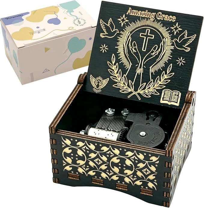 Pursuestar Black Wooden Wind Up Music Box - Amazing Grace, Vintage Engraved Wood Mechanism Musical Gifts for Anniversary Mother's Day Valentine's Day Christmas Thanksgiving Birthday