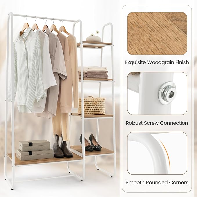 Tangkula Garment Rack with Shelves, Clothes Rack with 5 Shelves & Hanging Bar, Open Wardrobe for Hanging Clothes and Storage, Free Standing Closet Organizer, Clothing Rack for Bedroom Entryway
