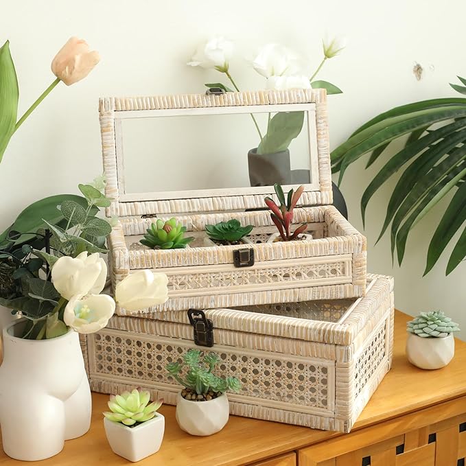 DECOR4SEASON Rattan and Cane Stacking Boxes with Glass Top Lid - Set of 2 11.8" and 14.1", for Boho and Rustic Farmhouse Decor, White Wash