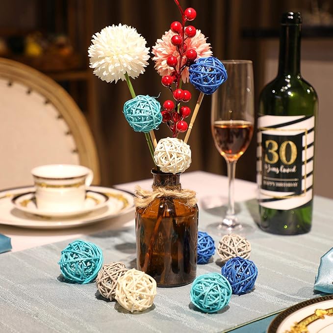 Patelai 36 Pcs Wicker Rattan Balls Decorative Balls for Vase Centerpiece Bowls Orbs Filler for Home Decor,4 Sizes(Dark Blue, Sky Blue, Gray, White,2.8'',2.4'',2'',1.6'')