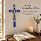 TALPGOD St Benedict Crucifix Silver Blue 7.2 Inch,Crucifix Wall Cross for Catholic Decor,Jesus Christ Hanging Cross Wall Art Decor,Escapularios Catolicos,Saint Benedict Medal for Home Decoration